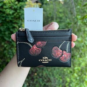 COACH Mini Skinny Id CardCase Leather Keychain Wallet w Sequin Cherry Print NWT